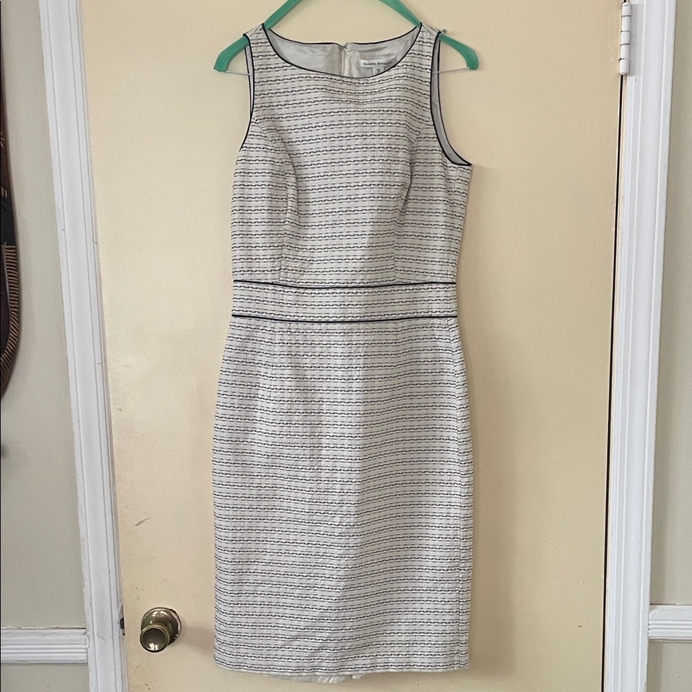 Sleeveless Ivory and Navy Tweed Sheath Dress